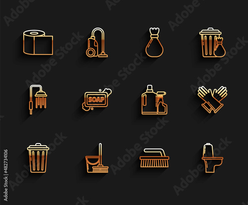 Set line Trash can, Mop and bucket, Toilet paper roll, Brush for cleaning, bowl, Bar of soap with foam, Rubber gloves and Plastic bottles liquid dishwashing liquid icon. Vector