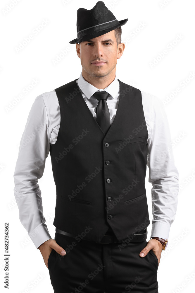 Fashionable gentleman in stylish hat on white background Fashionable gentleman in stylish hat on white background