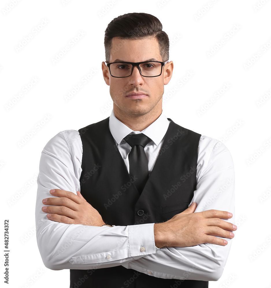 Fashionable gentleman with crossed hands on white background Fashionable gentleman with crossed hands on white background