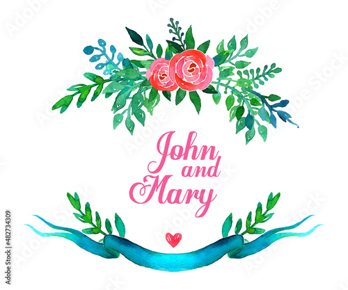 Boho style wedding invitation template. Watercolor illustration.