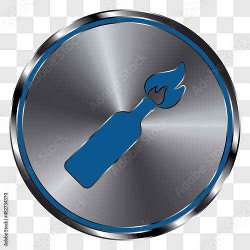 Molotov cocktail simple icon on metal round button. Transparent grid
