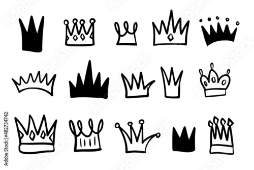 Various doodle outline crowns hand drawn illustration set 