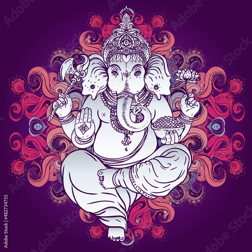 Hindu Lord Ganesha over ornate colorful mandala. Vector illustration.