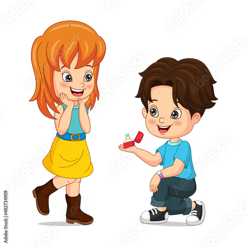 Cartoon boy giving engagement ring to his girl
