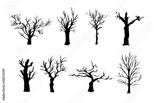 Dead tree silhouettes. dying black scary trees forest illustration. natural dying old tree of set