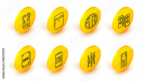 Set line Music player, Processor, Mobile and graphic password protection, Hard disk drive HDD, Gamepad, Air headphones in box and Video card icon. Vector