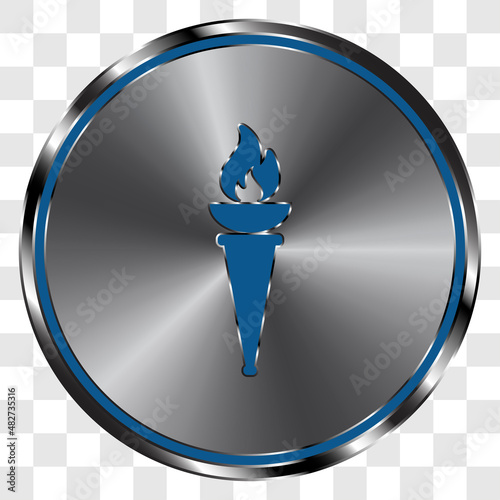 Torch simple icon on metal round button. Transparent grid
