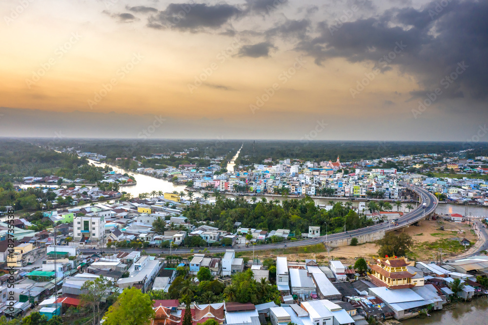 Obraz premium Royalty high quality free stock image. Panoramic view of Nga Bay city, Hau Giang province, Viet Nam from above