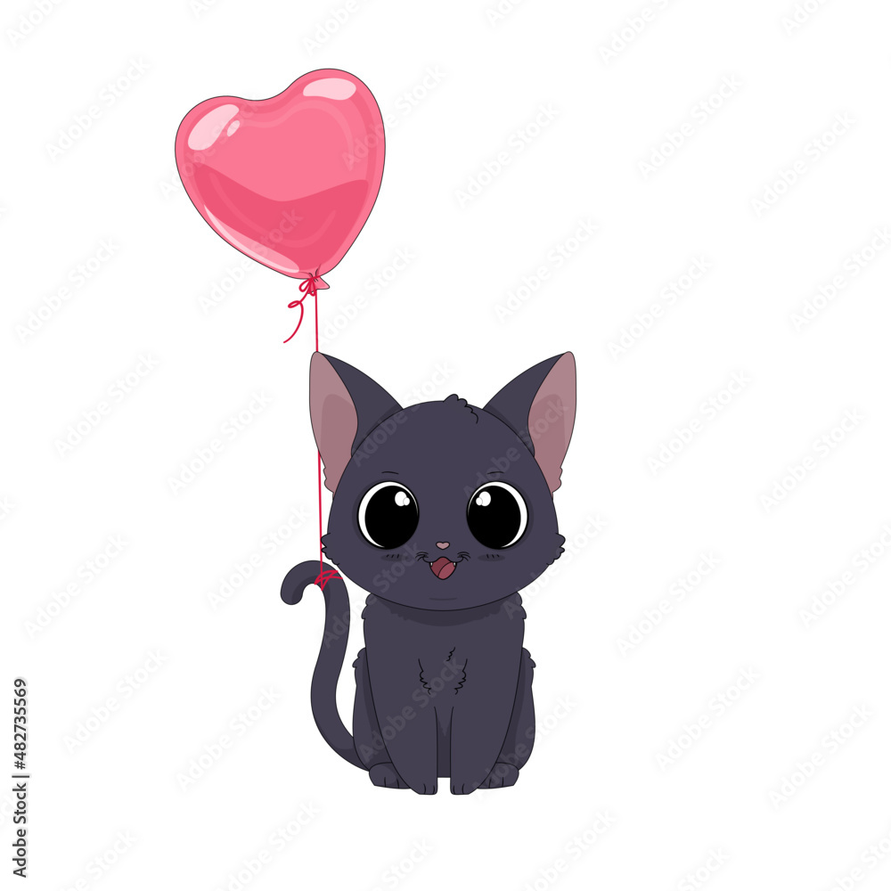 Kot i balon w kształcie serca. Ręcznie rysowany uroczy mały kotek. Wektorowa ilustracja zadowolonego, siedzącego kota. Słodki, romantyczny zwierzak. Kartka walentynkowa. - obrazy, fototapety, plakaty 