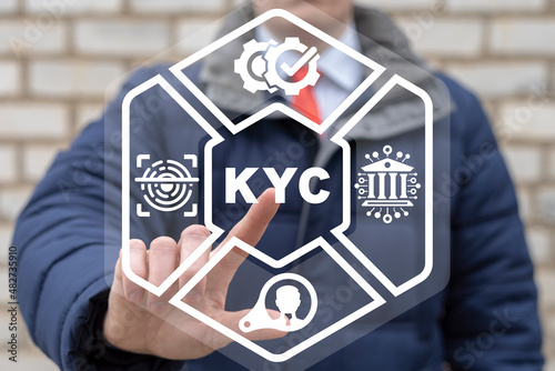 Concept of KYC Know Your Customer. Client indentification to access personal financial data. E-kyc electronic know your client. Security digital web information procedure. photo