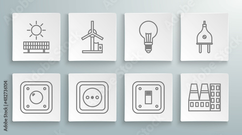 Set line Electric light switch, Wind turbine, Electrical outlet, Power station plant and factory, Light bulb with concept of idea, plug and Solar energy panel sun icon. Vector