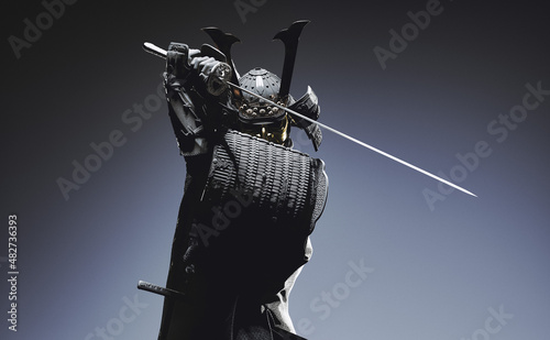 A samurai wearing Japanese armor and holding a katana. 3D illustration.