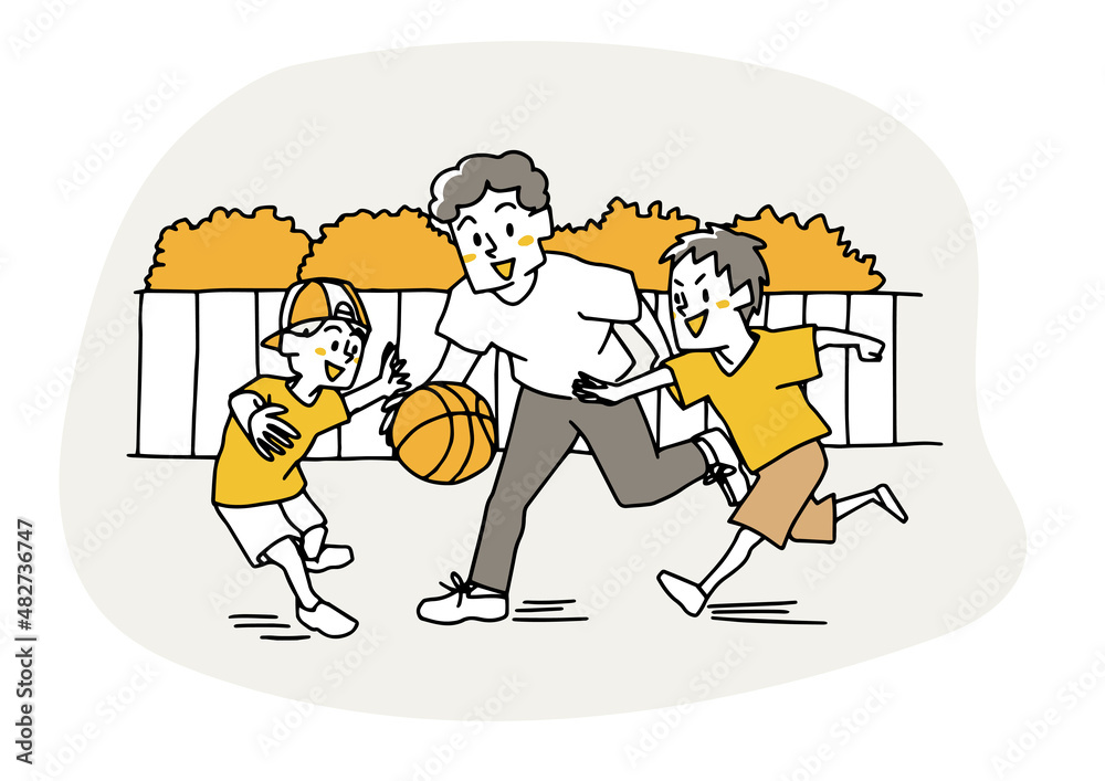 家族でバスケットボールをしている様子　運動が習慣の健康で幸福な家族　コミカルな手書きの人物