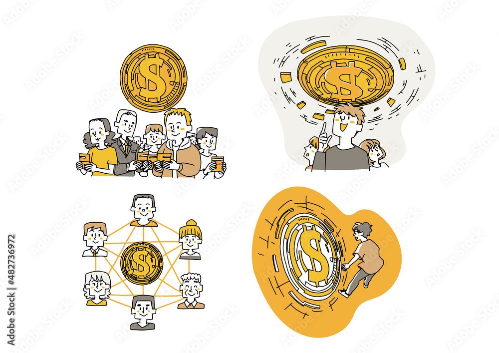 仮想通貨に関する人物イラストセット ブロックチェーン マイニング コミカルな手書きの人物 Stock Vektorgrafik Adobe Stock