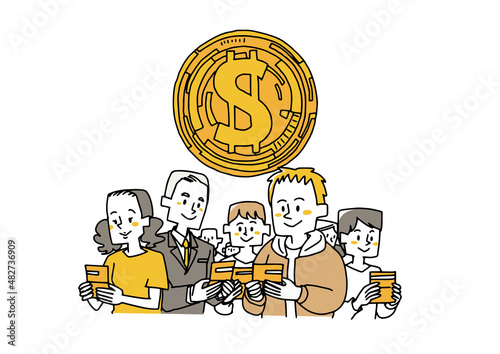 全ての人が同じ通帳を持っている　仮想通貨のブロックチェーン　手書きのコミカルな人物イラスト