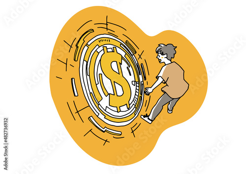 仮想通貨をマイニングする男性　コミカルな手書きの人物　ベクター、線画にシンプルな色つけ　