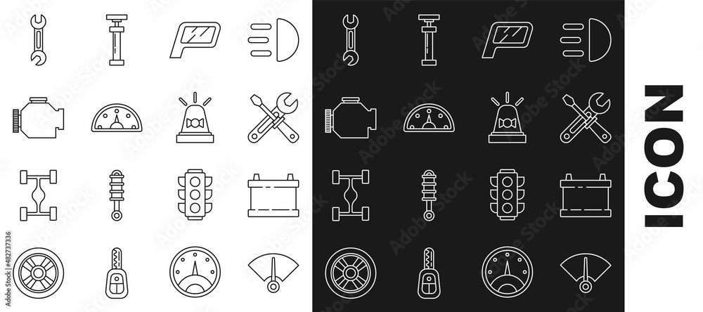 Set line Speedometer, Car battery, Screwdriver and wrench tools, mirror, Check engine, Wrench and Flasher siren icon. Vector