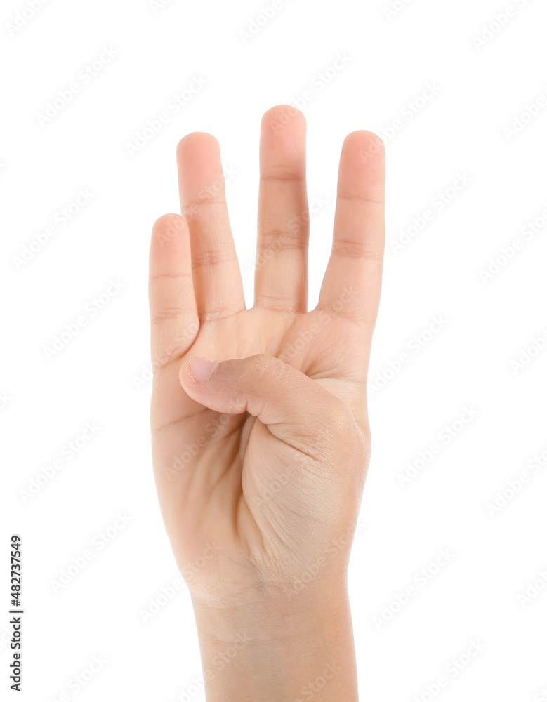 Child showing four fingers on white background Child showing four fingers on white background