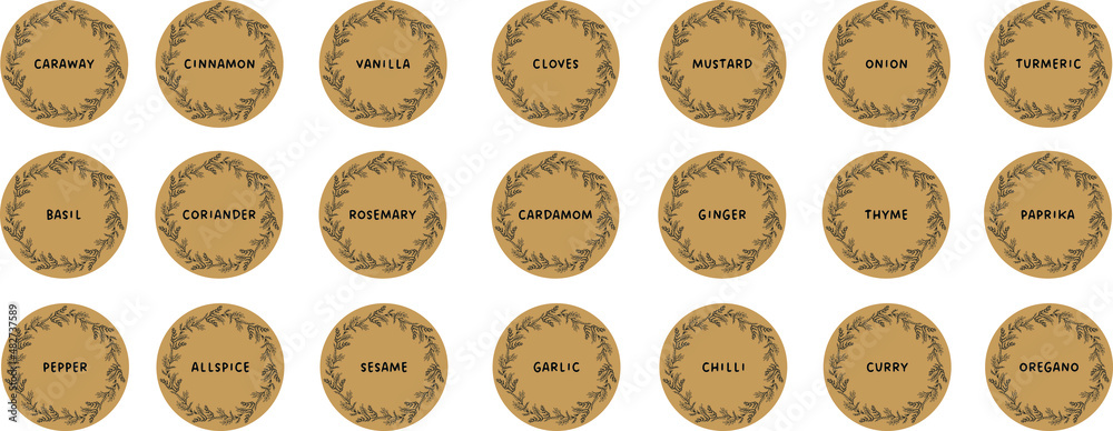 Vector set isolated food labels or stickers. Use to label kitchen food containers with spices. Labels, stickers, homemade stickers, botanical frame and spice name in English Vector set isolated food labels or stickers. Use to label kitchen food containers with spices. Labels, stickers, homemade stickers, botanical frame and spice name in English