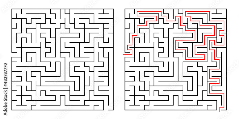 Abstract labyrinth for kids and adult on white background. Vector illustration with black square maze. Labyrinth with entry and exit.