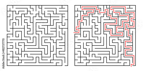 Abstract labyrinth for kids and adult on white background. Vector illustration with black square maze. Labyrinth with entry and exit.