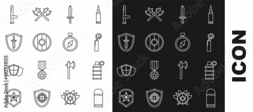 Set line Cartridges, Hand grenade, Dynamite bomb stick clock, Medieval sword, Round wooden shield, with, Police rubber baton and Compass icon. Vector