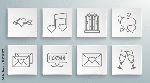 Set line Envelope with Valentine heart, Music note, tone hearts, Speech bubble text love, Glass of champagne, Heart the bird cage, and Amour and arrow icon. Vector