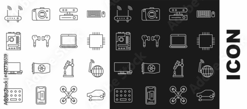 Set line Electric car, Social network, Processor with microcircuits CPU, Motion sensor, Air headphones, Motherboard, Router and wi-fi signal and Laptop icon. Vector