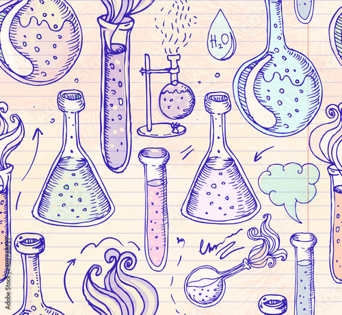 Back to School: science lab objects doodle vintage style sketches seamless pattern, vector illustration.