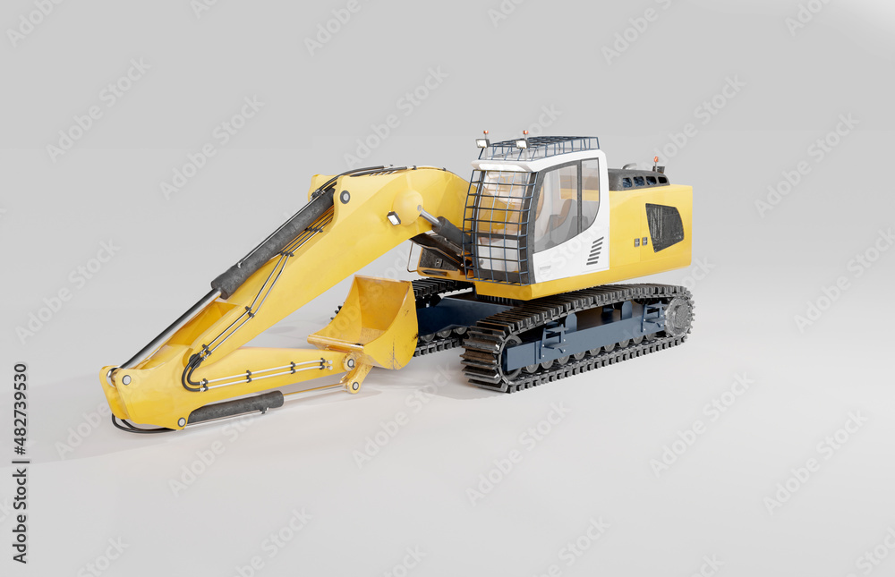 Yellow excavator on a light background. 3d render, 3d illustration. Concept of digging into the ground with an excavator. Heavy construction machinery. Close-up on the operator's cabin. Yellow excavator on a light background. 3d render, 3d illustration. Concept of digging into the ground with an excavator. Heavy construction machinery. Close-up on the operator's cabin.