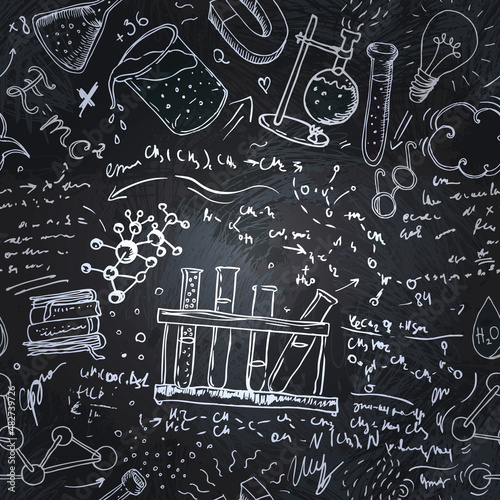 Back to School: science lab objects doodle vintage style sketches seamless pattern, vector illustration.