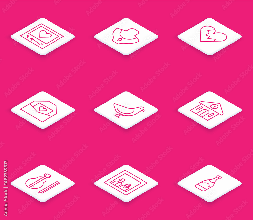 Set line Photo frames and hearts, Necklace on mannequin, Broken or divorce, Envelope with Valentine, Dove, Church building, Violin and Family photo icon. Vector Set line Photo frames and hearts, Necklace on mannequin, Broken or divorce, Envelope with Valentine, Dove, Church building, Violin and Family photo icon. Vector