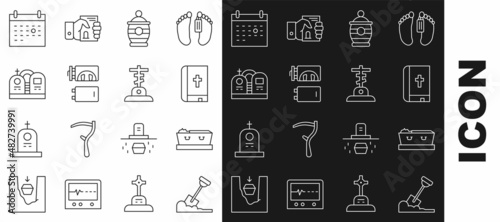 Set line Shovel in the ground, Coffin with dead, Holy bible book, Funeral urn, Crematorium, Grave tombstone, Calendar death and cross icon. Vector