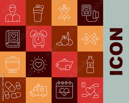Set line Attention to health heart, Bottle of water, No Smoking, doping syringe, Alarm clock, Medical book, Positive thinking and Fruit icon. Vector