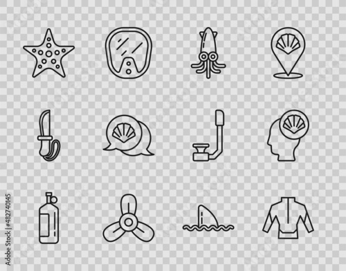 Set line Aqualung, Wetsuit, Octopus, Boat propeller, turbine, Starfish, Scallop sea shell, Shark fin ocean wave and icon. Vector