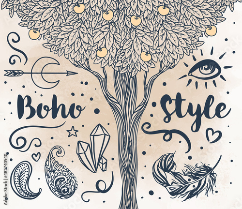 Gypsy Love: Set of Ornamental Boho Style Elements. Vector illustration. Tatto...