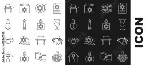 Set line Pomegranate, Olives branch, Jewish goblet, synagogue, Burning candle, Hanukkah dreidel, Orthodox jewish hat and icon. Vector