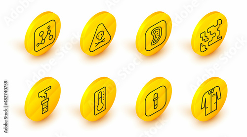 Set line Laboratory uniform, Pipette, Medical thermometer, Test tube and flask, Gaseous, Bacteria, Triangle warning toxic and Chemical formula icon. Vector