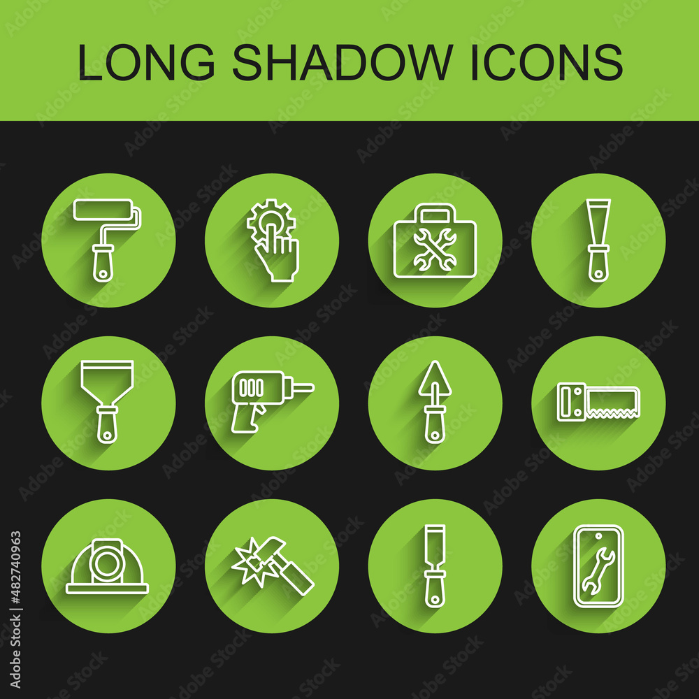 Set line Worker safety helmet, Hammer, Paint roller brush, Rasp metal file, Mobile service, Electric drill machine, Hand saw and Trowel icon. Vector Set line Worker safety helmet, Hammer, Paint roller brush, Rasp metal file, Mobile service, Electric drill machine, Hand saw and Trowel icon. Vector