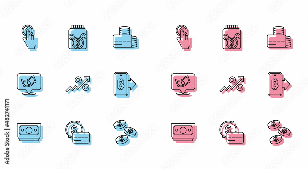 Set line Stacks paper money cash, Credit card, Hand holding coin, Coin with dollar, Percent up arrow, Mining bitcoin from mobile, and Glass jar icon. Vector Set line Stacks paper money cash, Credit card, Hand holding coin, Coin with dollar, Percent up arrow, Mining bitcoin from mobile, and Glass jar icon. Vector