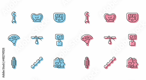 Set line Bicycle suspension, chain, Wrench spanner, Gloves, handlebar, Action extreme camera, helmet and punctured tire icon. Vector