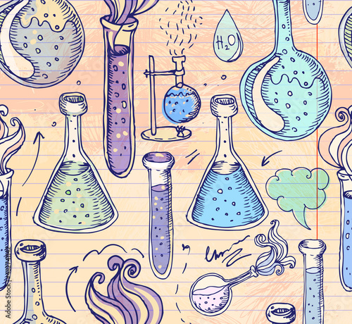 Back to School: science lab objects doodle vintage style sketches seamless pattern, vector illustration. Doodle lab equipment. Note book page paper.Biology geology alchemy chemistry. Tattoo elements.