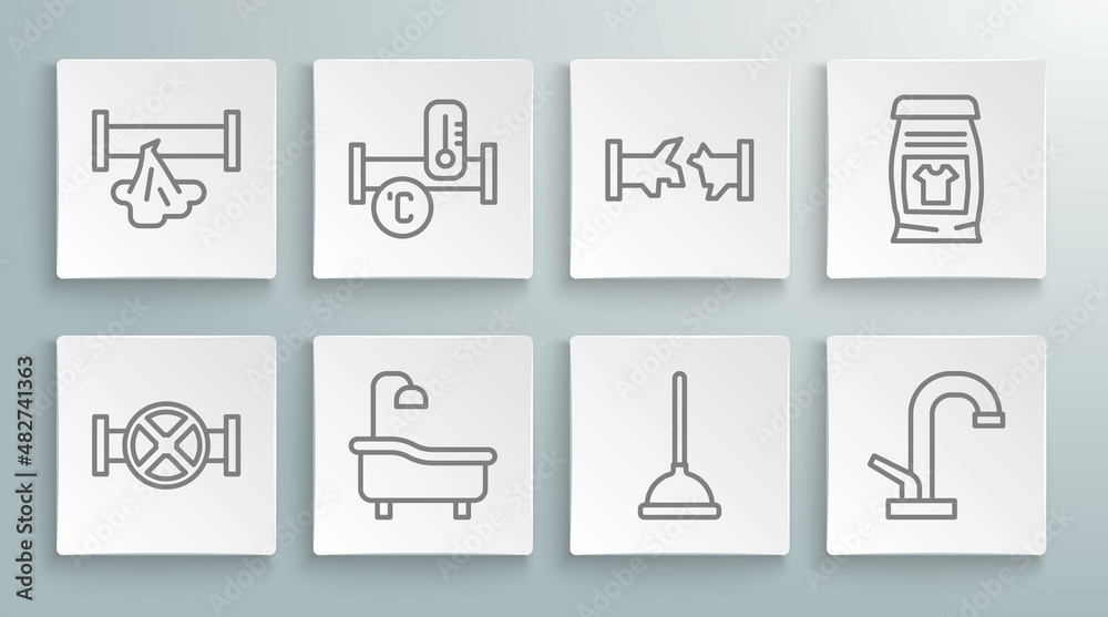 Set line Industry pipe and valve, metallic, Bathtub, Rubber plunger, Water tap, Broken, Laundry detergent and icon. Vector Set line Industry pipe and valve, metallic, Bathtub, Rubber plunger, Water tap, Broken, Laundry detergent and icon. Vector