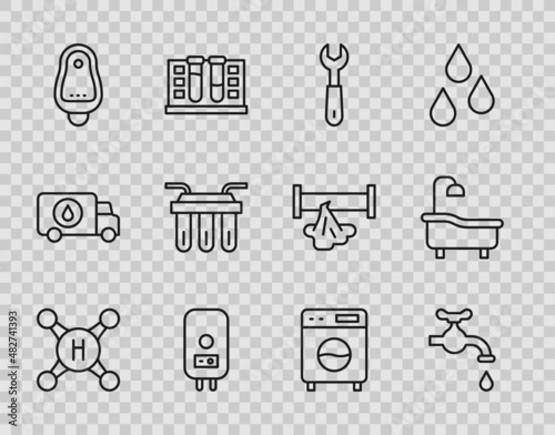 Set line Water tap, Wrench spanner, Electric boiler, Toilet urinal or pissoir, filter, Washer and Bathtub icon. Vector