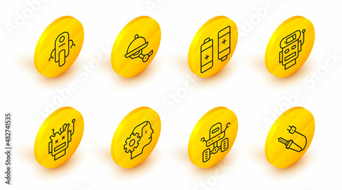 Set line Soldering iron, Mars rover, Humanoid robot, Broken, Robot low battery charge, Battery, Waiter and icon. Vector