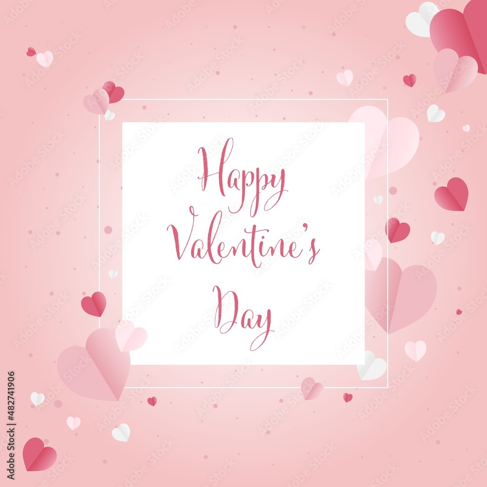 Happy Valentines Day greeting card with heart in papercut style. Pink love brochure with calligraphy words. Vector illustration marketing template