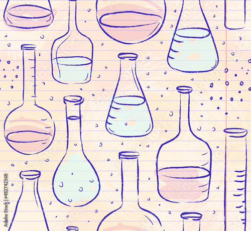 Back to School: science lab objects doodle vintage style sketches seamless pattern, vector illustration.