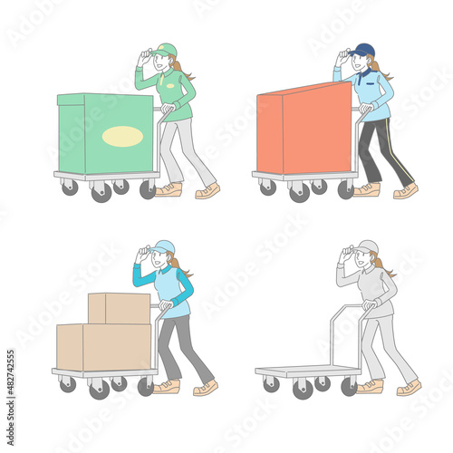 運搬台車で荷物を運ぶ女性配達員