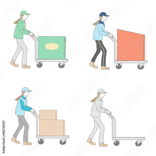 運搬台車で荷物を運ぶ女性配達員