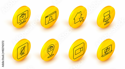 Set line Video camera Off on laptop, Camera, Online working, Mute microphone, Office chair, chat conference and icon. Vector